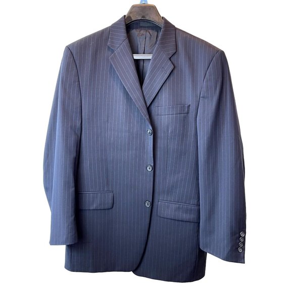 Calvin Klein Men Pure Wool Blazer Coat Pinstripe Single Breasted Blue Size 42R - Picture 1 of 7